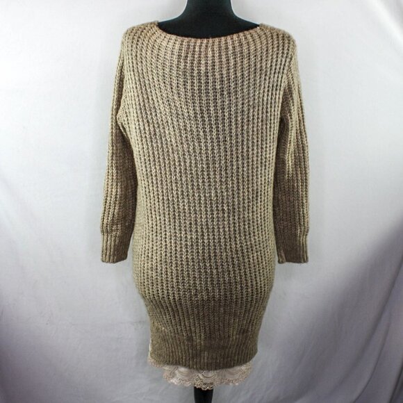 Makadamia Sweater Dress Lace Trim V Scoop Neck Acrylic Mohair Wool Tan B… - Picture 3 of 7
